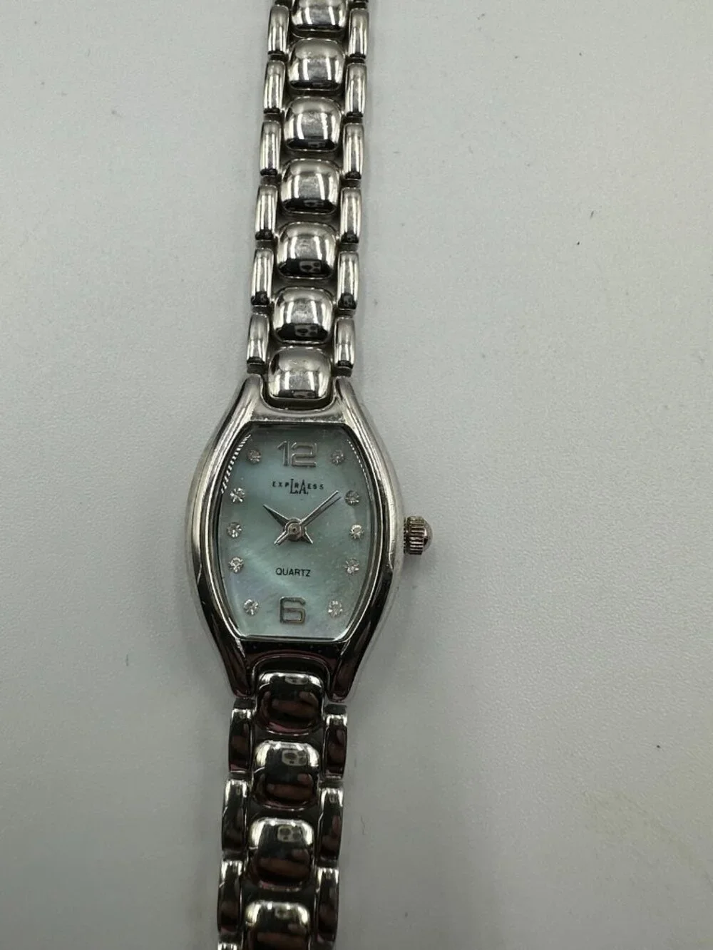 3/$30 LA Express Watch Women Silver Tone Blue Mother Of Pearl Dial 6.5